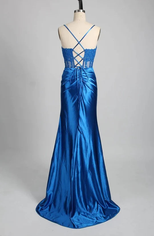 Straps Appliques Satin Mermaid Prom Dress With Slit